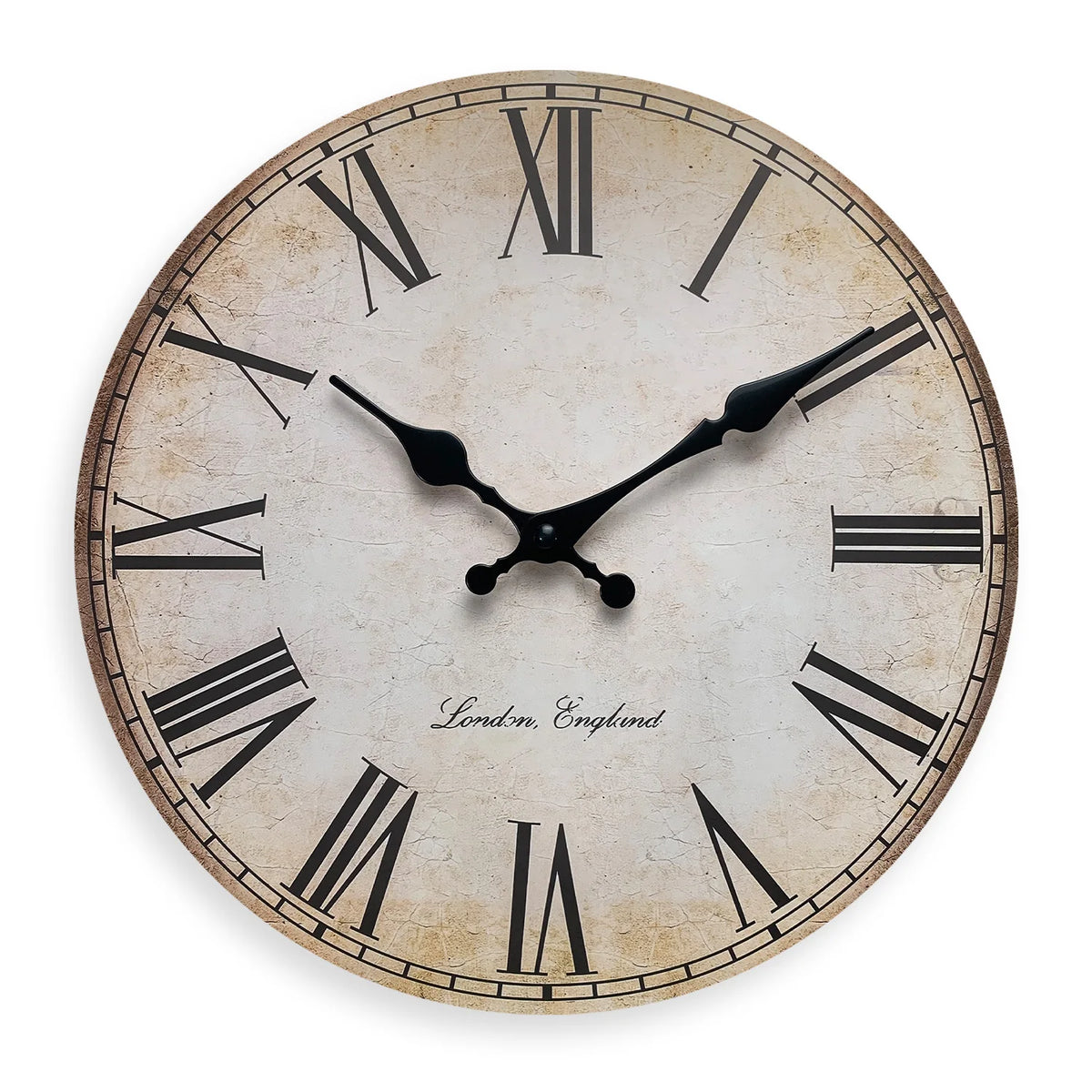 A round wooden wall clock with Roman numerals and black hands set against a distressed beige background.