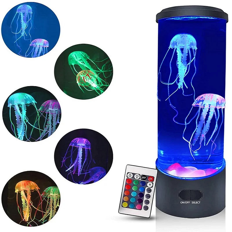 A color-changing LED fish lamp with multiple light patterns displayed on circular screens and a remote control.