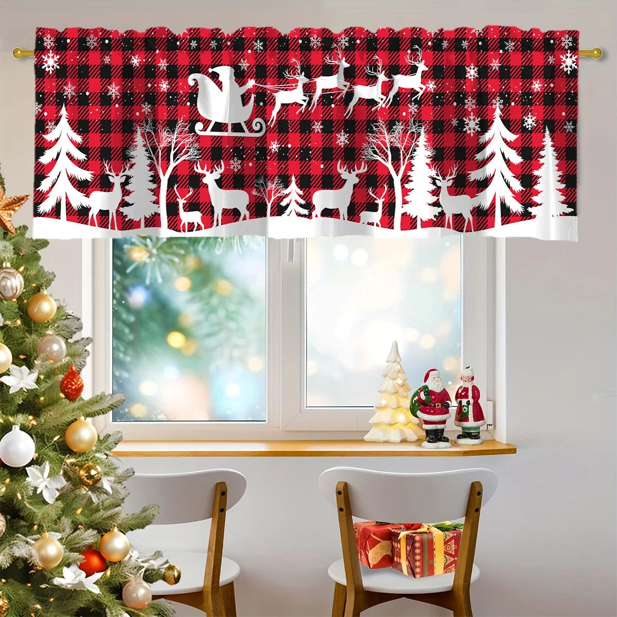Festive Christmas curtain valance featuring a red and black plaid pattern with white reindeer and pine trees