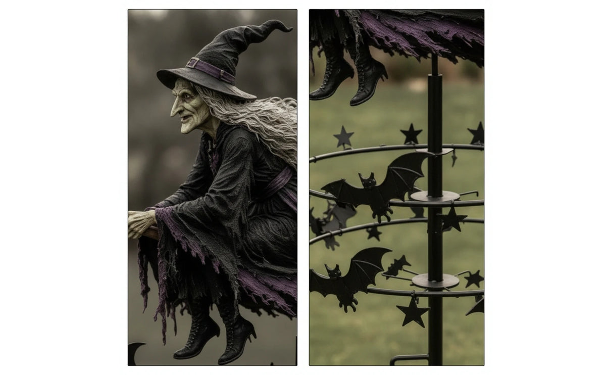 A portrait of an old witch in a hat and dark robes, next to a garden decor featuring bat silhouettes on a metal stand.