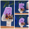 A set of purple and iridescent birthday candles shaped like the numbers 4, 5, and 6.