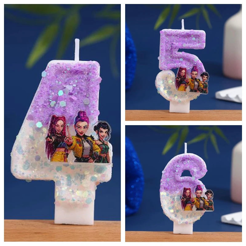 A set of purple and iridescent birthday candles shaped like the numbers 4, 5, and 6.
