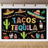 A vibrant graphic banner featuring tacos and tequila elements with colorful sombreros and cacti.