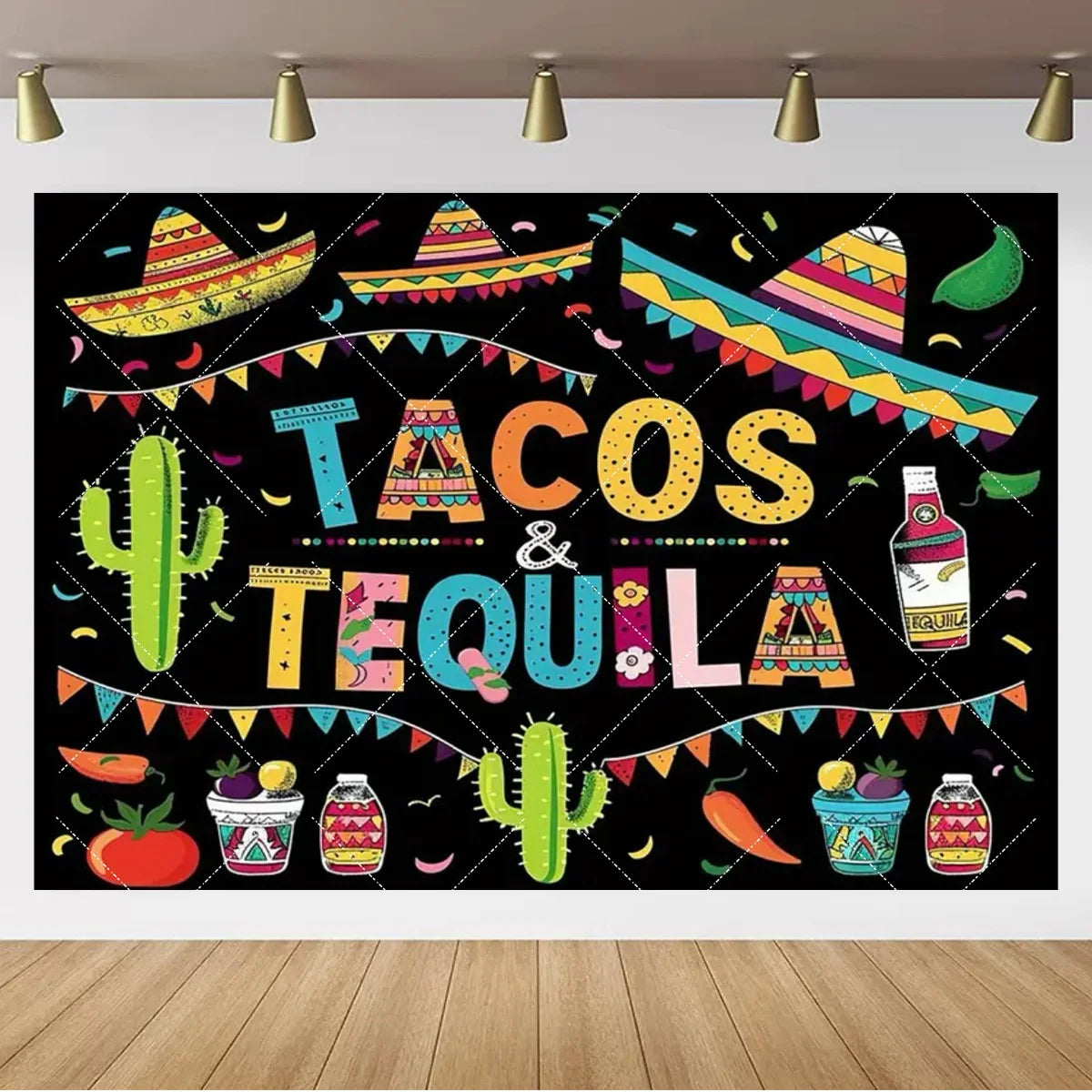 A vibrant graphic banner featuring tacos and tequila elements with colorful sombreros and cacti.