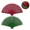 A red hand carved bamboo folding fan displayed next to a green one and several colored fans.