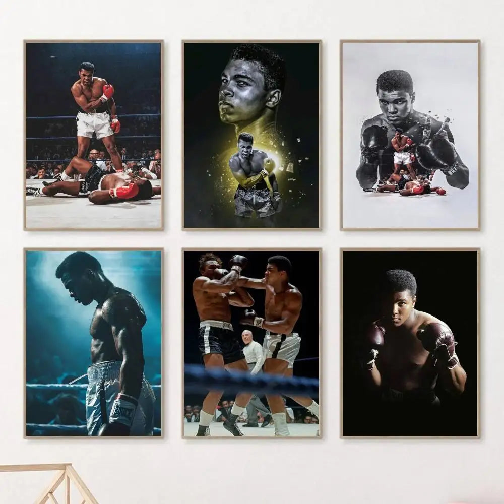 A set of five framed posters featuring black and white photographs of Muhammad Ali boxing.