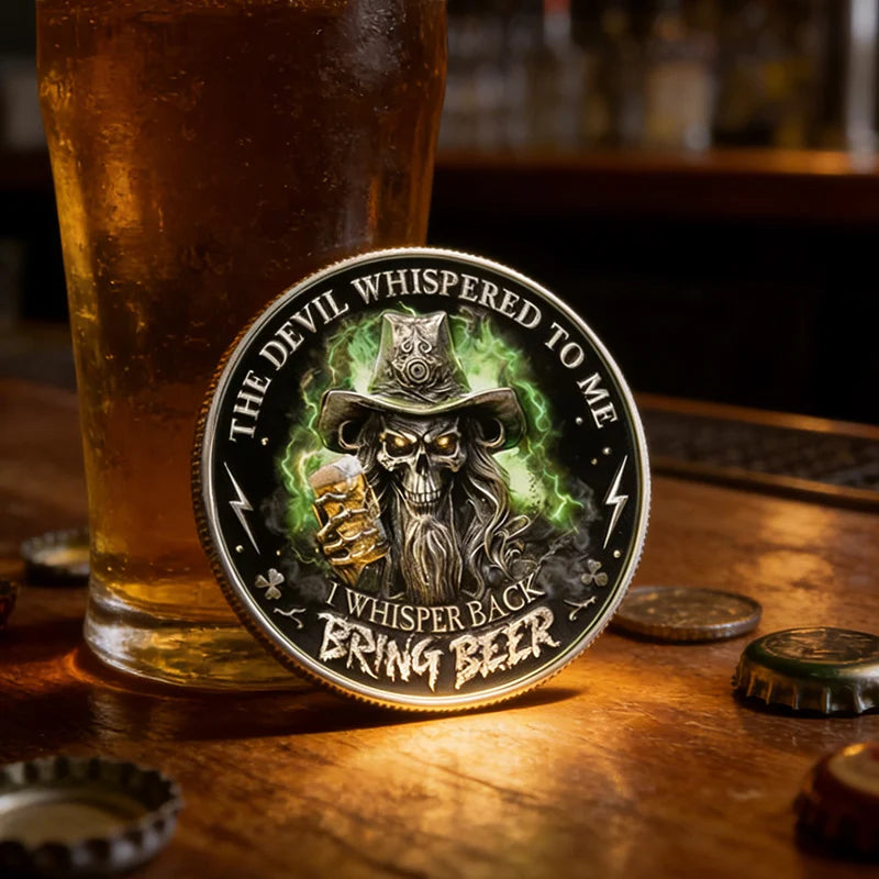 A commemorative coin featuring a skull and dagger design with the text Whisper Back Bring Beer