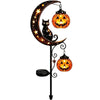 Solar Halloween moon crescent with a black cat lantern hanging from it
