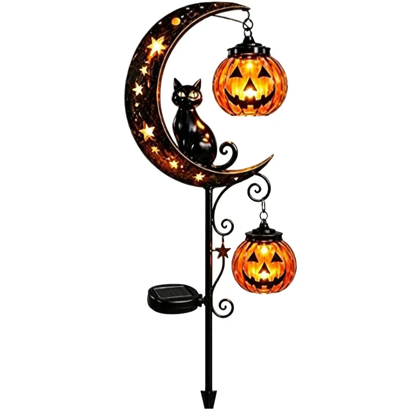 Solar Halloween moon crescent with a black cat lantern hanging from it