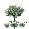 A bundle of artificial eucalyptus leaf stems in various shades of green and silver-green.