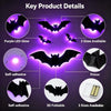 A set of black 3D foldable bat wall decor with purple LED glow, self-adhesive, and available in three sizes.