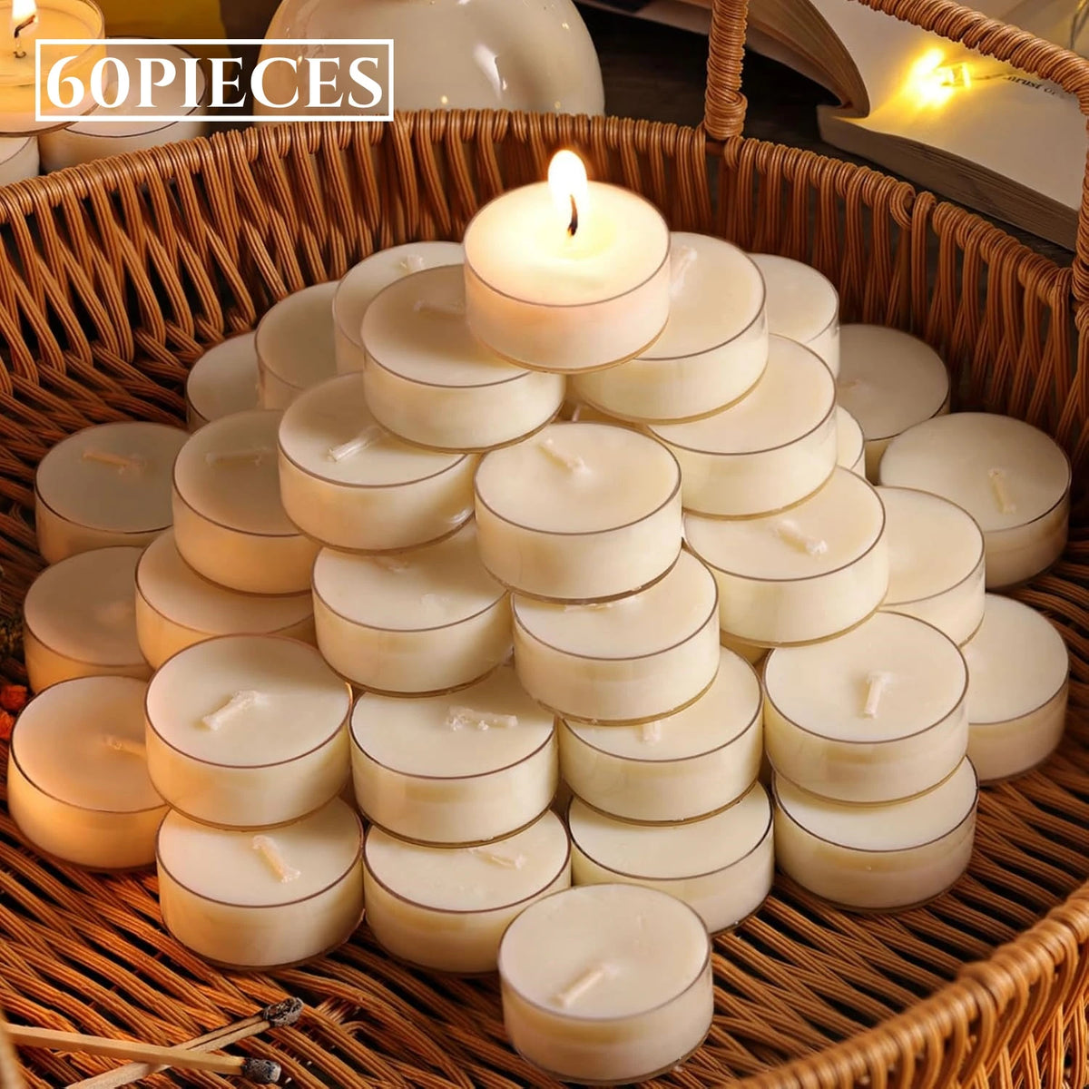 A collection of natural beeswax tealight candles in white and cream are arranged in a woven basket.
