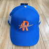 Blue baseball cap embroidered with an orange letter R and a star design
