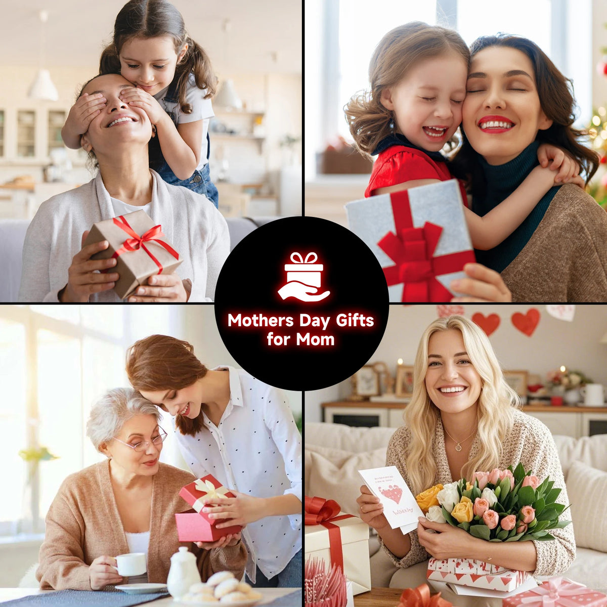 A collage of images showing various gifts for mothers, including a lamp, flowers, and wrapped presents.