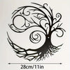 Black metal wall art depicting a stylized tree of life with intricate branches and roots.