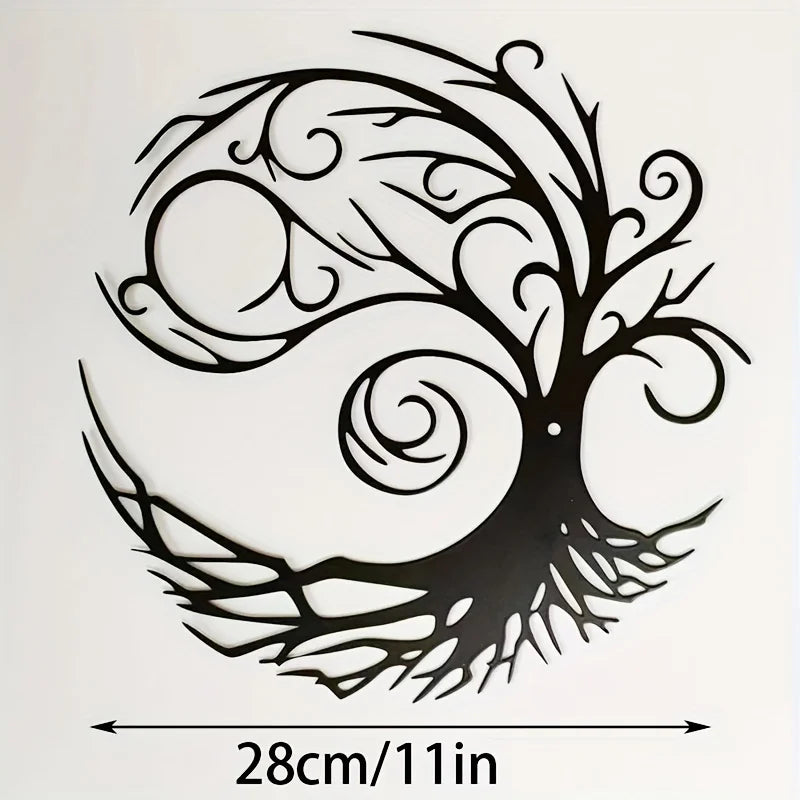 Black metal wall art depicting a stylized tree of life with intricate branches and roots.
