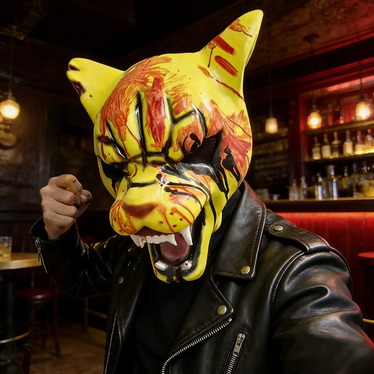 A person wearing a yellow tiger horror latex mask with orange and black stripes, holding it up in a dark bar setting.