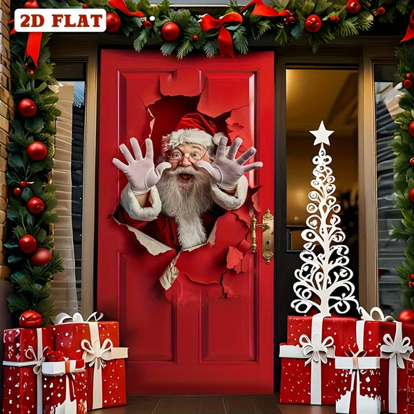 A red door decorated with a vintage Santa face cutout and holiday greenery, flanked by wrapped gifts.