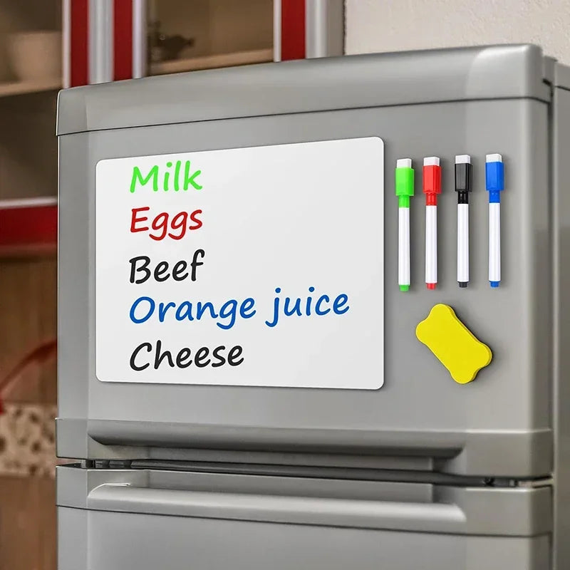 Magnetic dry erase whiteboard with food labels attached to a refrigerator