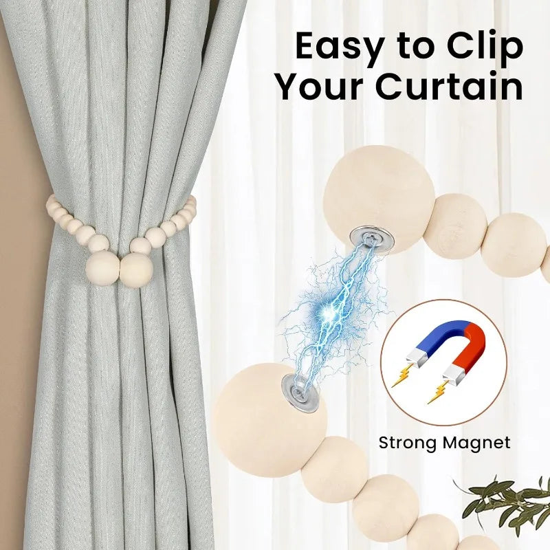 Magnetic wooden bead curtain tiebacks with a strong magnet used to clip a curtain.