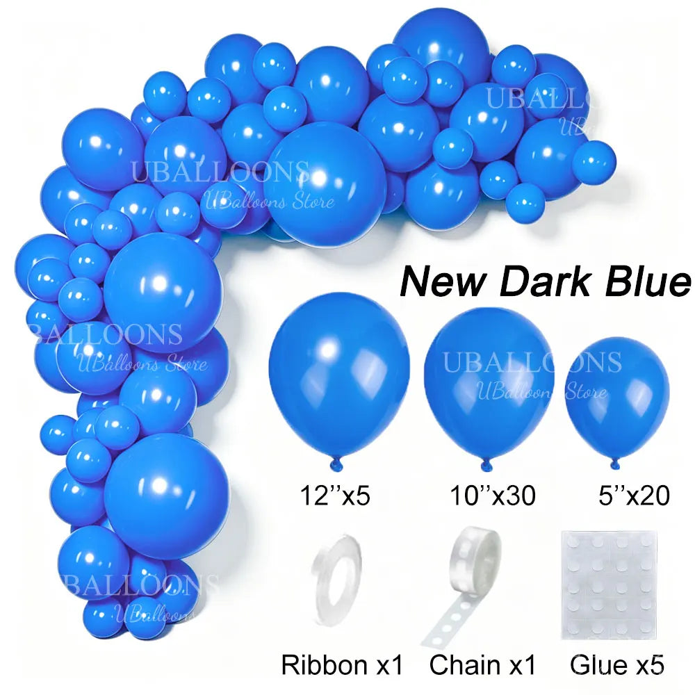 A bundle of new dark blue latex balloons, ribbon, chain, and glue for party decor.