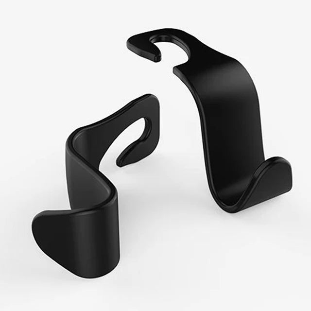 A black car headrest hook is shown in a side view, designed for bag storage.