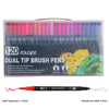 A set of 120 dual tip brush pens in various colors displayed in a clear plastic case.