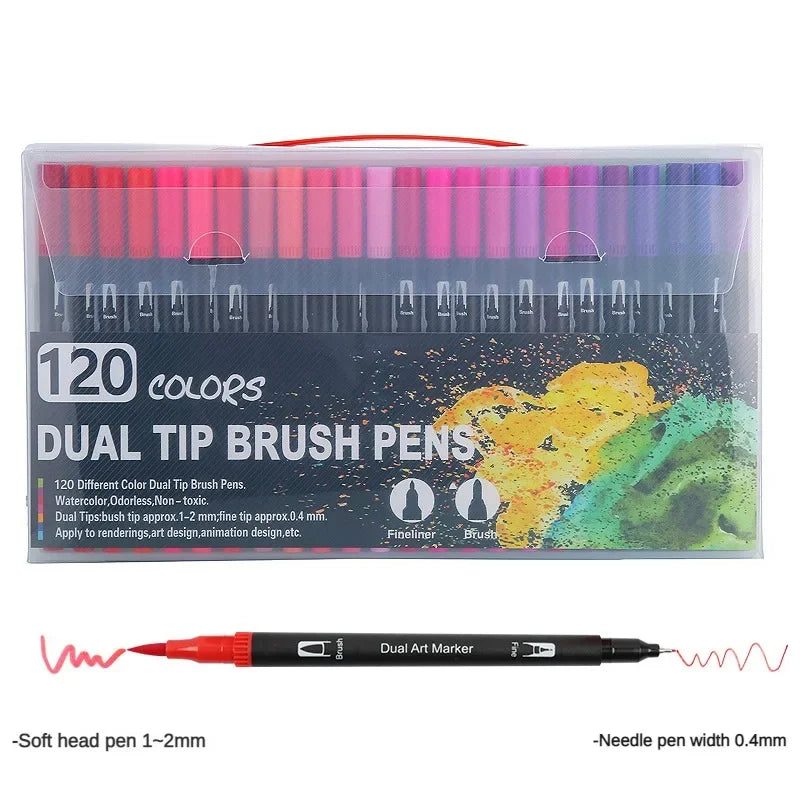 A set of 120 dual tip brush pens in various colors displayed in a clear plastic case.