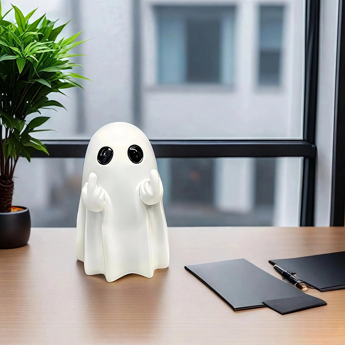 A white ghost figurine with a cheeky gesture sits on a wooden desk next to a plant.