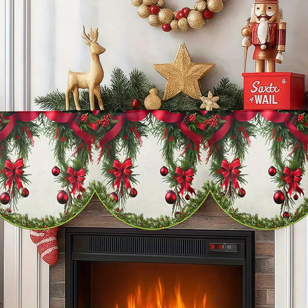 Festive Christmas fireplace scarf featuring a pine and berry print with deer and star decorations