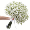 A hand holds a bouquet of 90 artificial baby's breath flowers with green stems.