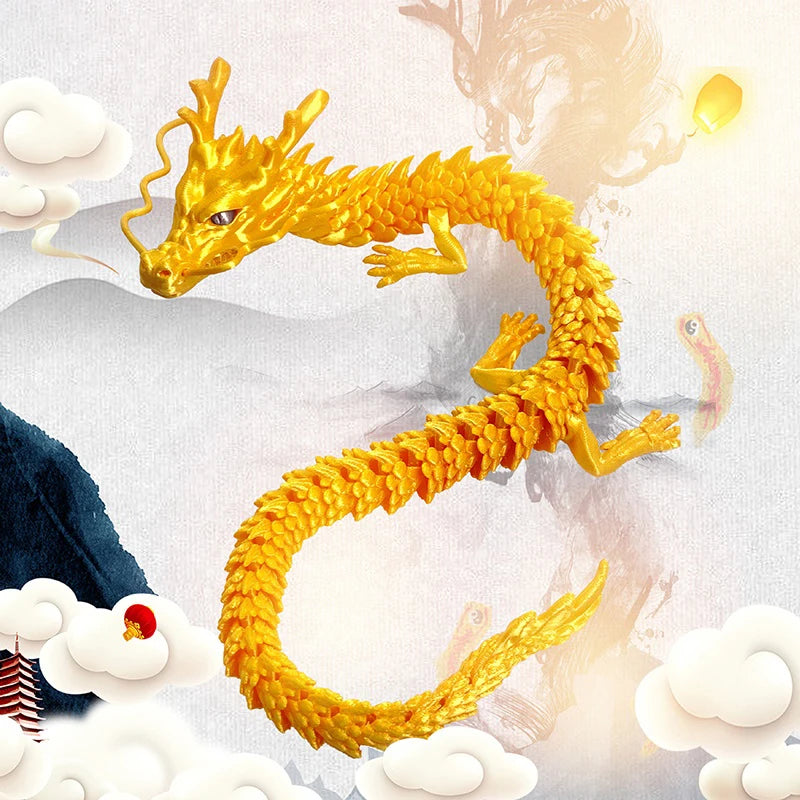 A golden, flexible dragon figurine is shown coiled in a dynamic pose against a light background with clouds.