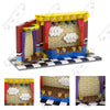 A detailed building block set model of a Five Nights at Freddy's structure featuring red and yellow bricks with a checkered f