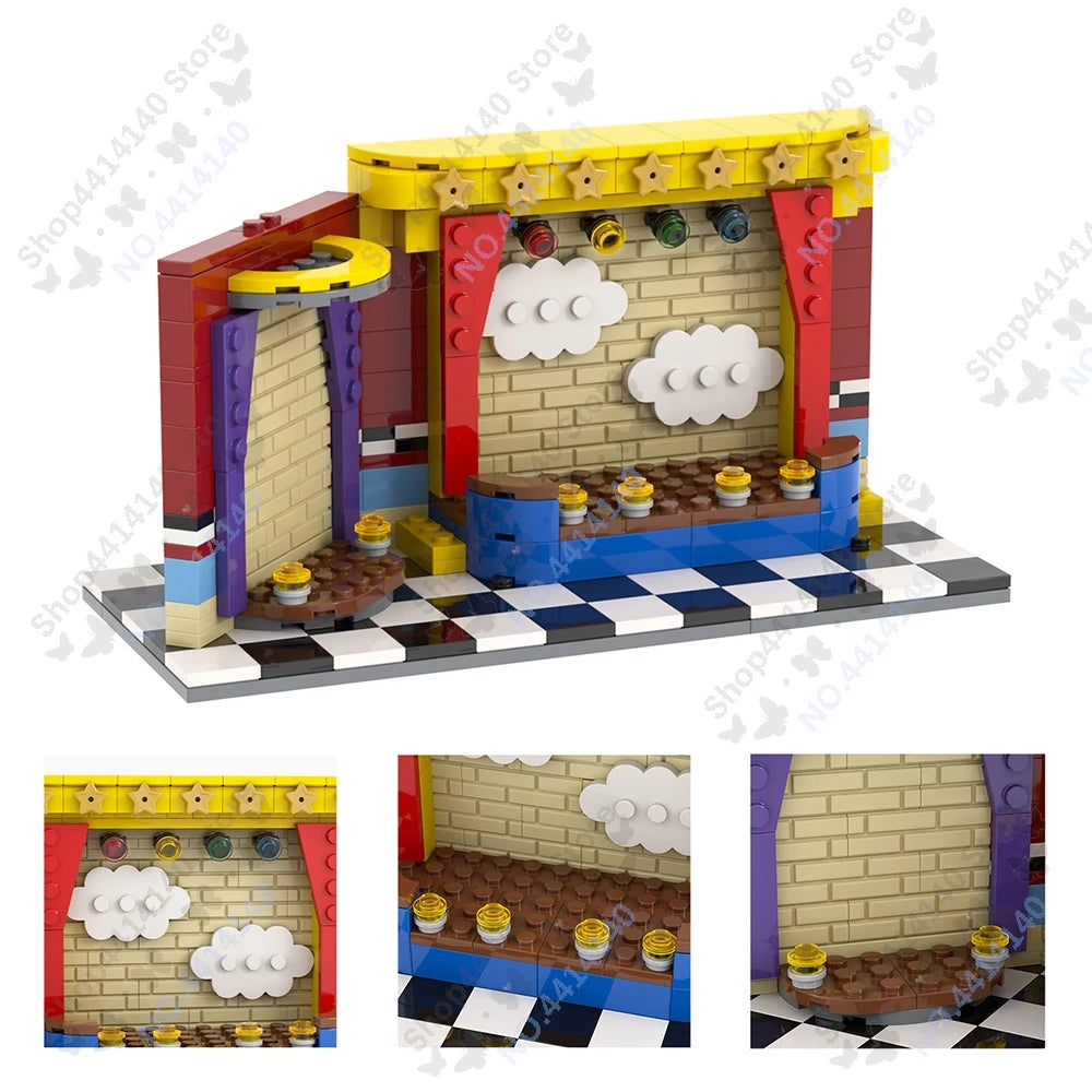 A detailed building block set model of a Five Nights at Freddy's structure featuring red and yellow bricks with a checkered f