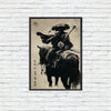 A black and white ink painting depicting a samurai on horseback, titled Ghost of Yotei.