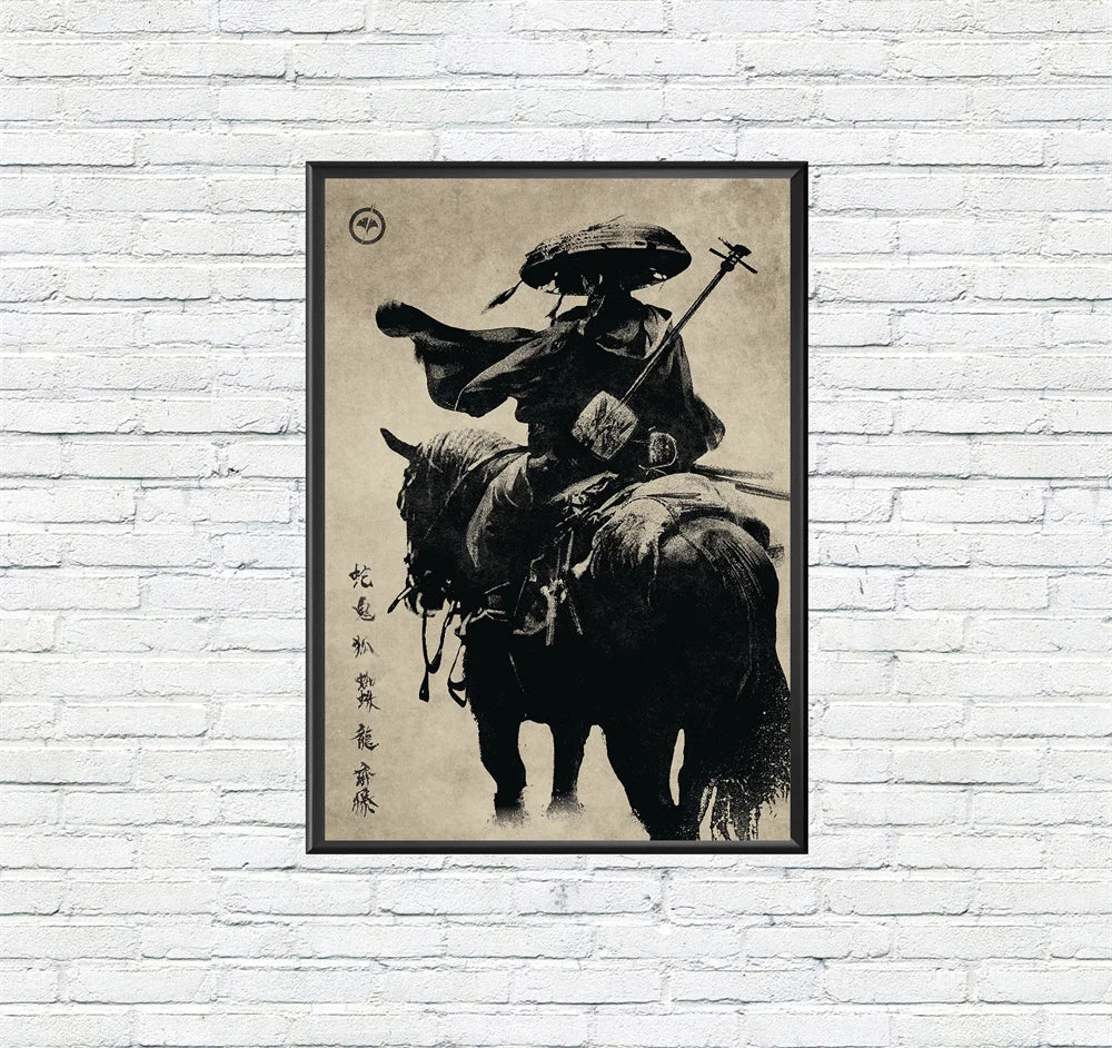 A black and white ink painting depicting a samurai on horseback, titled Ghost of Yotei.