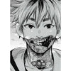A close-up black and white manga style illustration of a male character with spiky hair showing facial injuries.