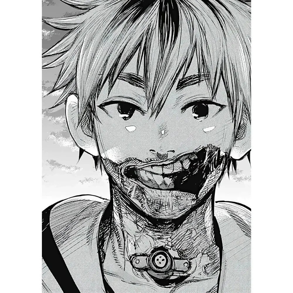 A close-up black and white manga style illustration of a male character with spiky hair showing facial injuries.