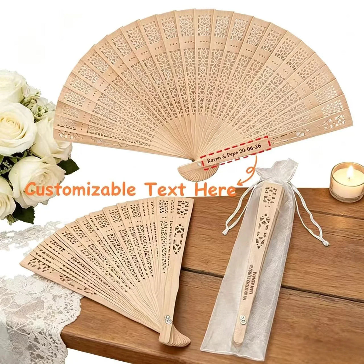 A light wood folding fan is shown open and closed, with an organza pouch nearby.