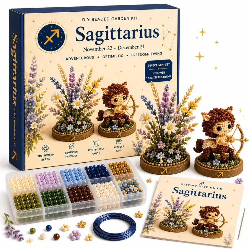 A box set for a DIY beaded garden kit featuring a Sagittarius theme with various colored beads and a guide book.