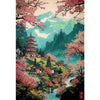 Ukiyo-e anime city street canvas wall art depicting a vibrant landscape with pink blossoms, green mountains, and traditional 