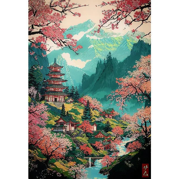 Ukiyo-e anime city street canvas wall art depicting a vibrant landscape with pink blossoms, green mountains, and traditional 