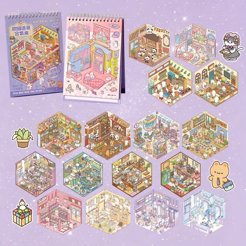 A collection of hexagonal sticker books featuring detailed kawaii miniature 3D scenes and dioramas.