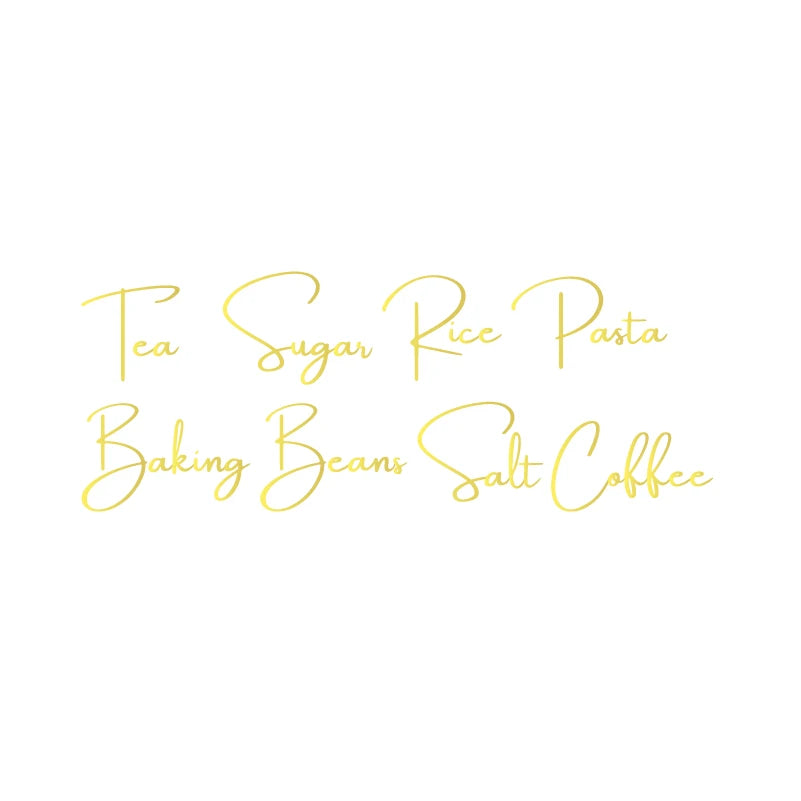 Gold script text listing various food items including Tea Sugar Rice Pasta Baking Beans Salt Coffee