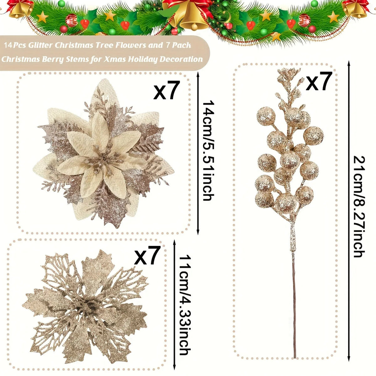 A set of 14 pieces of glitter Christmas tree flowers and 7 packs of Christmas berry stems for holiday decoration.
