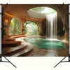 A photorealistic backdrop depicting a tropical cave with an arched ceiling, lush greenery, and a cascading waterfall into a p