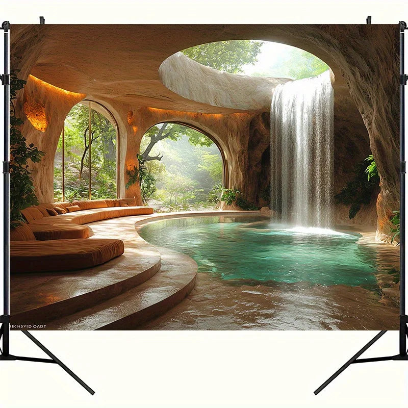 A photorealistic backdrop depicting a tropical cave with an arched ceiling, lush greenery, and a cascading waterfall into a p