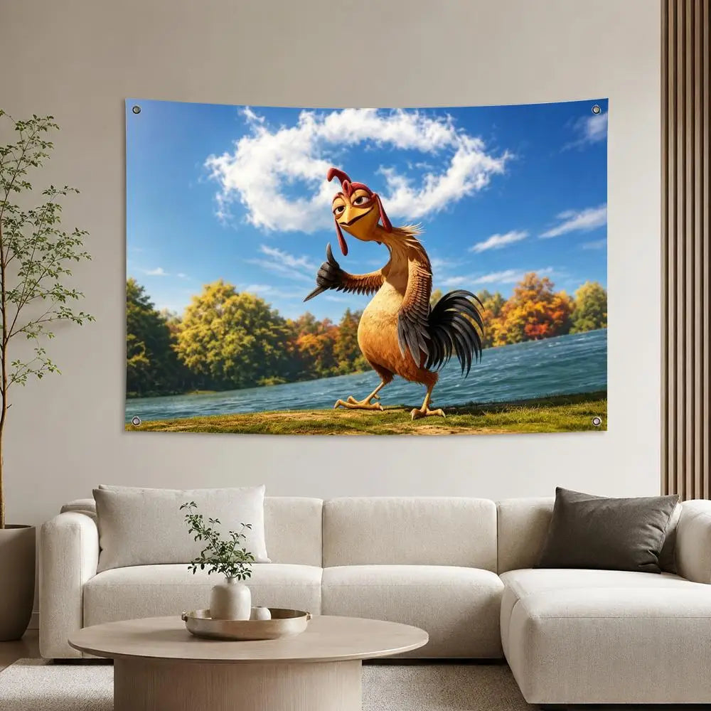 A vibrant tapestry featuring a movie-inspired depiction of a rooster standing on green grass with a blue sky background.