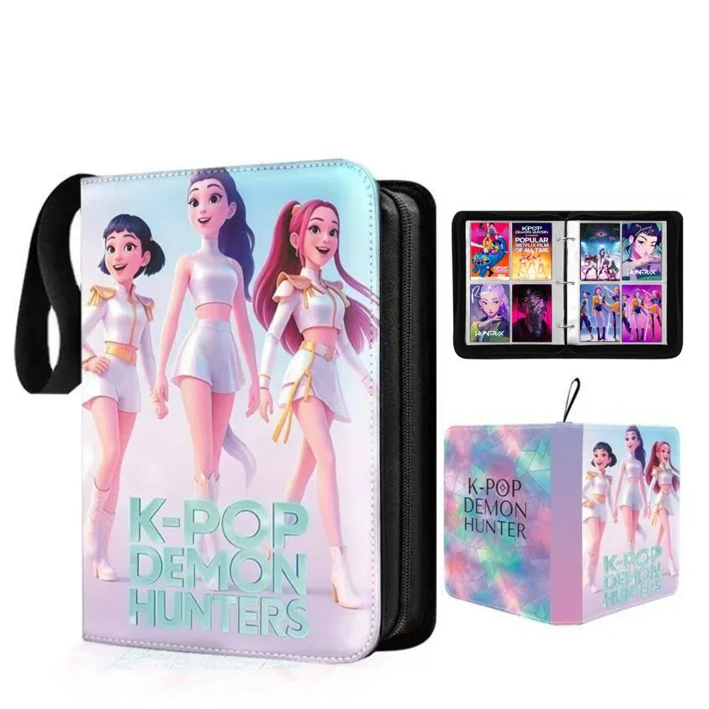 A pink K-pop demon hunter themed photo album binder with a clear cover and a black sleeve.