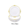 A stack of elegant white and gold disposable dinner plates with decorative edges.